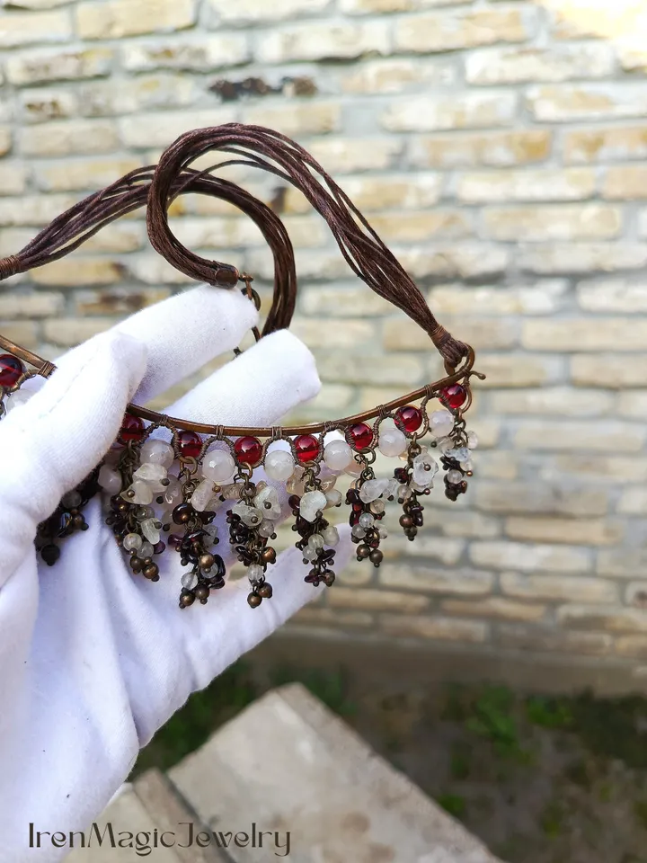 Copper Necklace with Rose Quartz, Garnet and Glass Beads