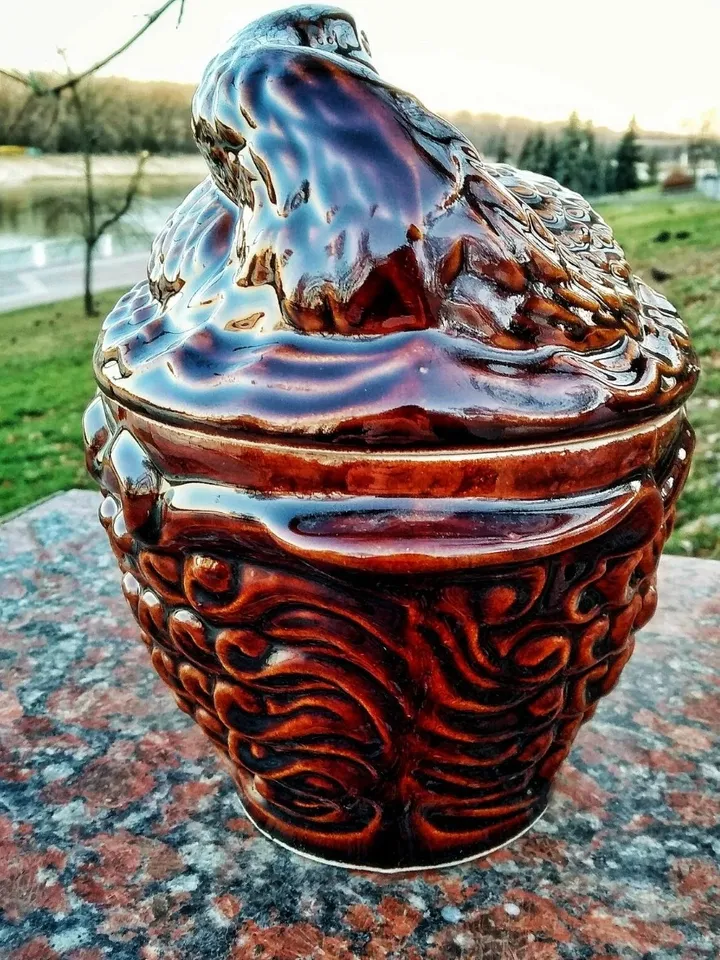 Ceramic pottery casserole Casserole with lid and handles carved pattern Handmade