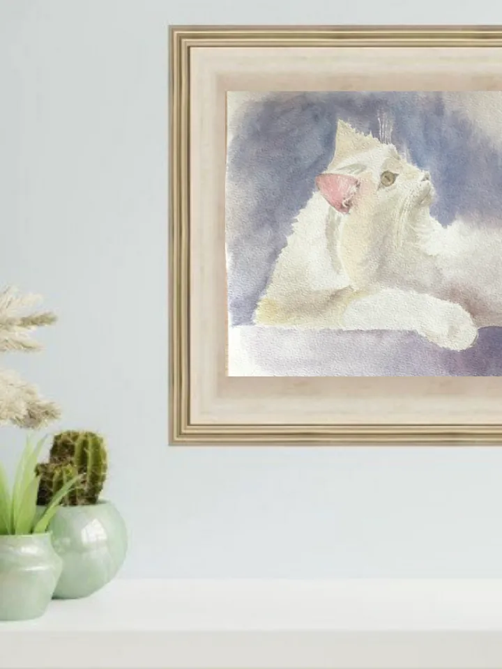Cute white cat wall art original watercolour painting