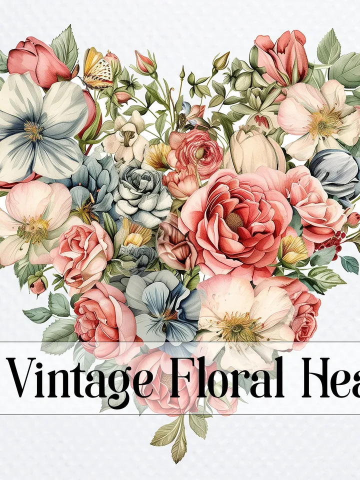 16 Vintage Floral Heart PNG Clipart, Watercolor clipart, Floral Heart sublimation, Printable clipart, Digital download, Paper craft
