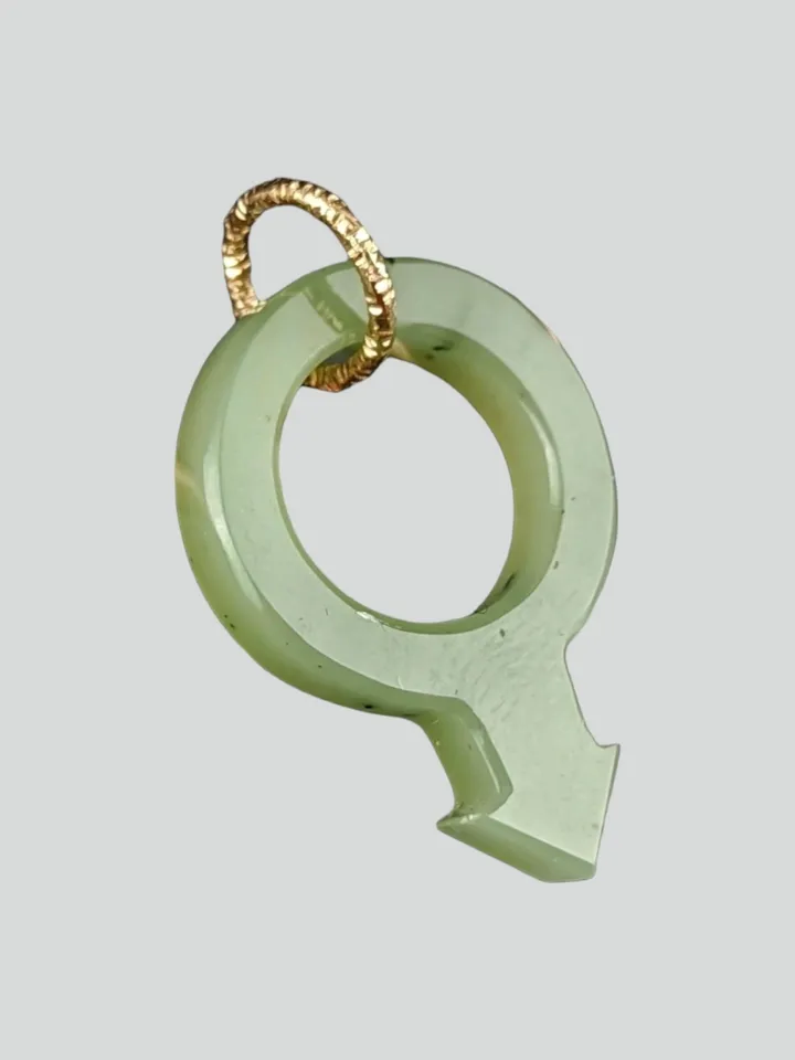 Green jade pendant gender male sign symbol of Mars LGBTQ.