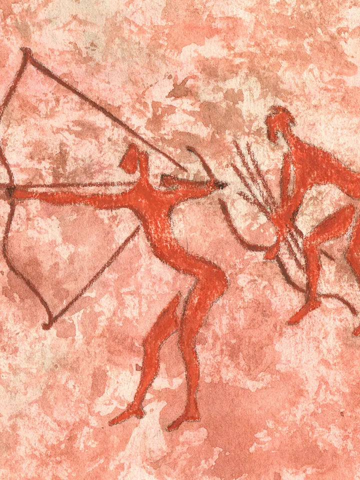 Deer hunting wall art | Original Pastel and Watercolor Artwork Ancient Cave Painting Style | Hunters Prehistoric art | Handmade Artwork | Archers stylization of rock art | Drawings of a prehistoric man