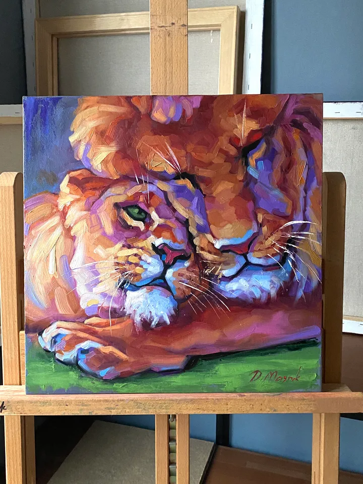 Lion And Lioness Painting Original African Animal Artwork Oil On Canvas 16x16 Inch Wildlife Wall Art