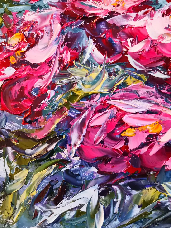 Oil Painting Peony Flowers Bushes Landscape Impasto Original Artist Svinar Oksana