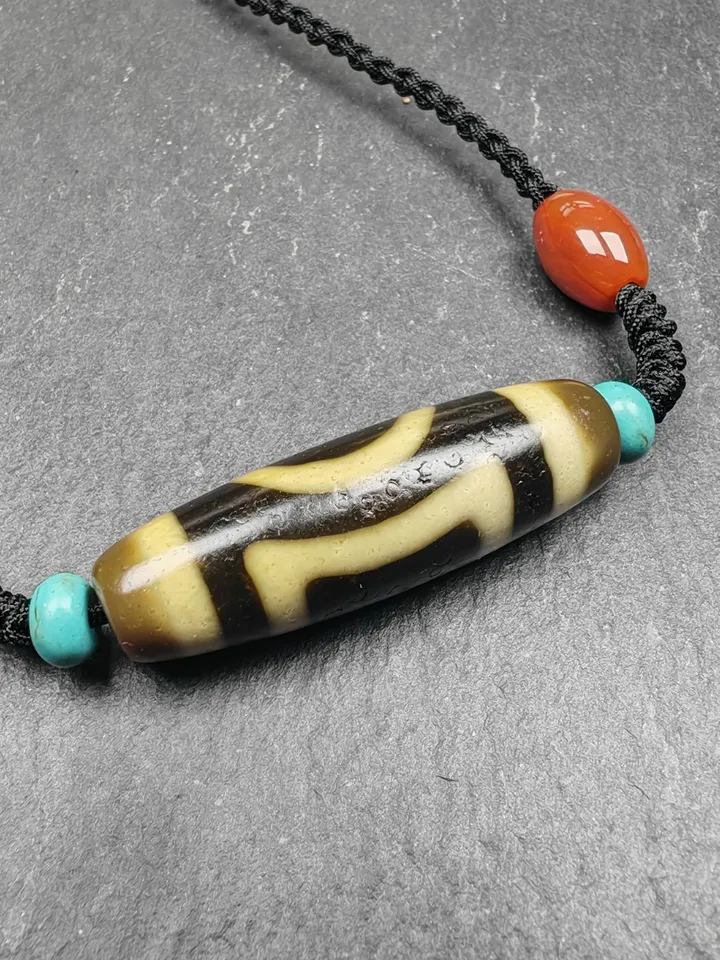 Gandhanra Antique Tibetan Sky & Earth Dzi Bead Necklace,1.5" x 0.4",40 Years Old
