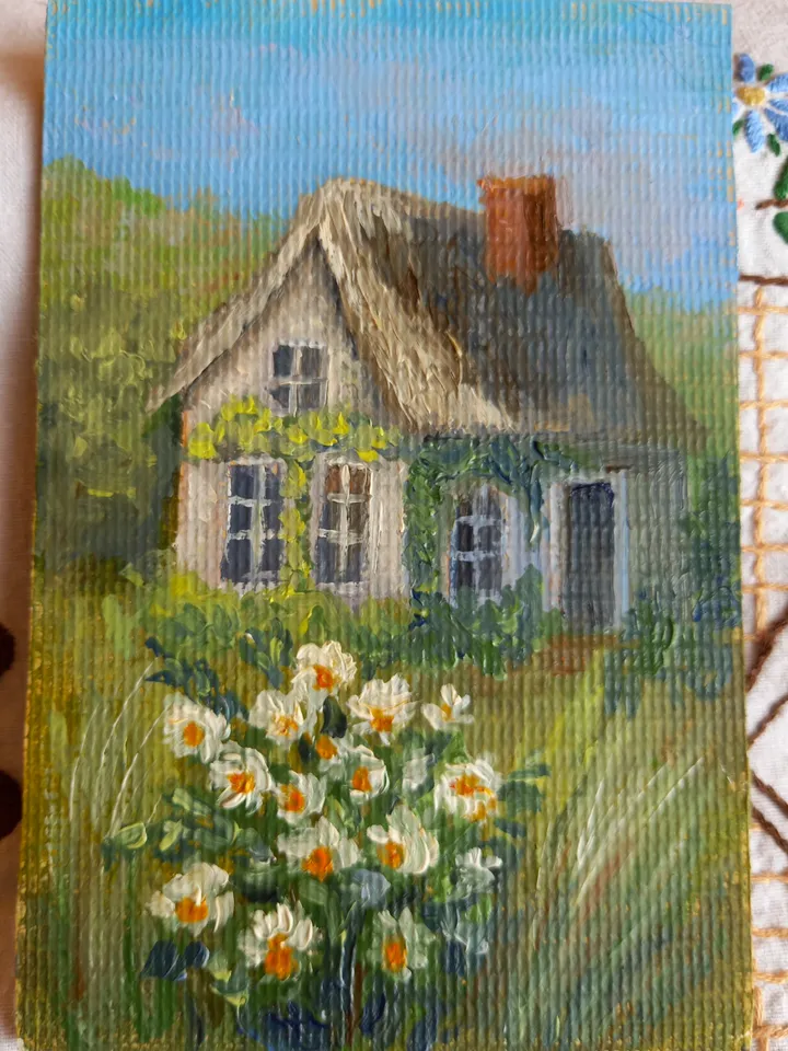 Oil original painting Summer landscape with a house 10x15 cm