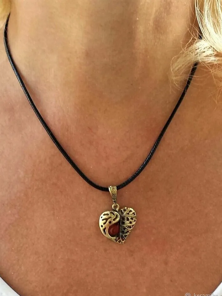 Tree Leaf Heart Charm Necklace Antique Gold Brass and Amber Openwork Vintage Pendant Gift For Girl Women Nature Jewelry