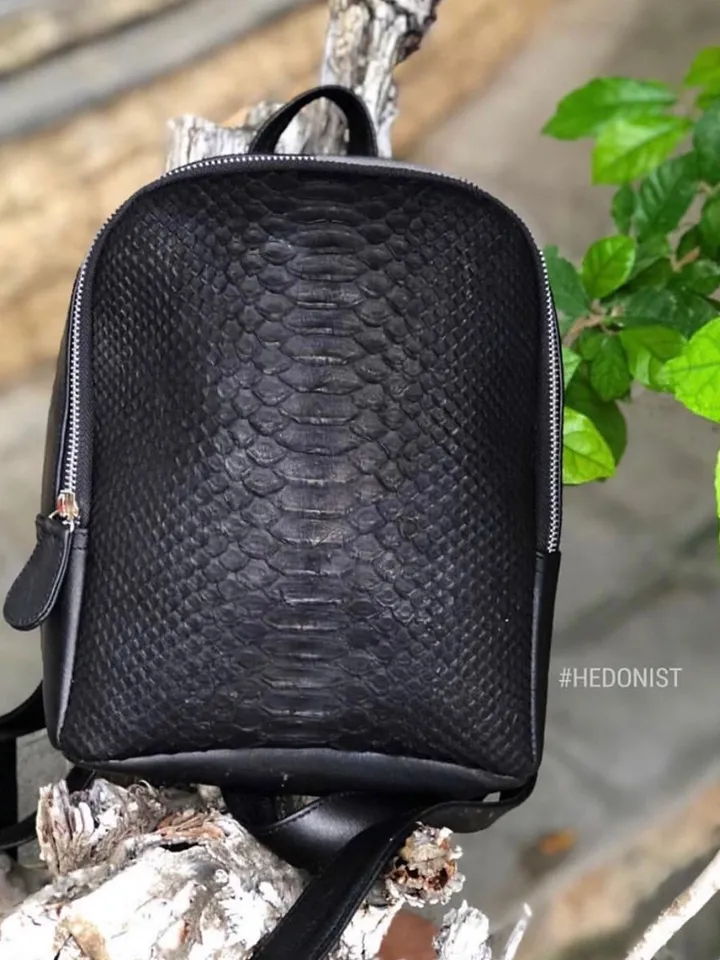 Leather black backpack python skin woman | Leather Rucksack | Girls Backpack Snake Skin | Backpack purse handmade genuine leather