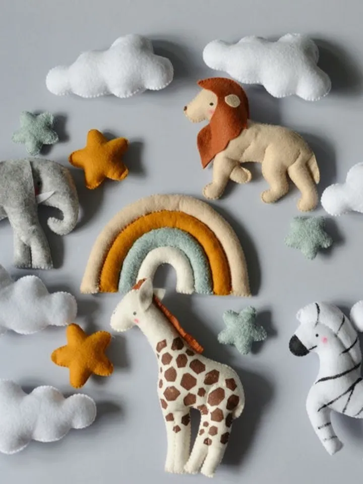 Hand sewn Safari baby mobile for nursery decor with Jungle animals