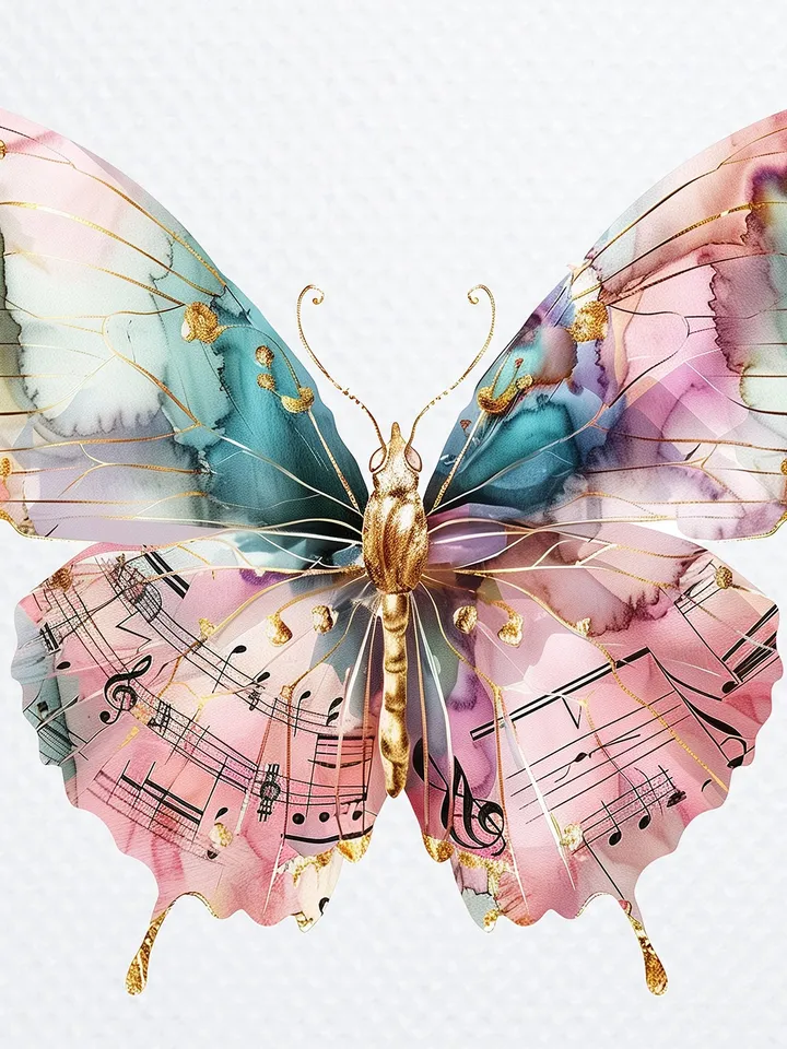 12 PNG Butterfly Music Notes Clipart Bundle, Butterfly Wall Print, Printable Watercolor Butterfly for sublimation, Paper craft, junk journal