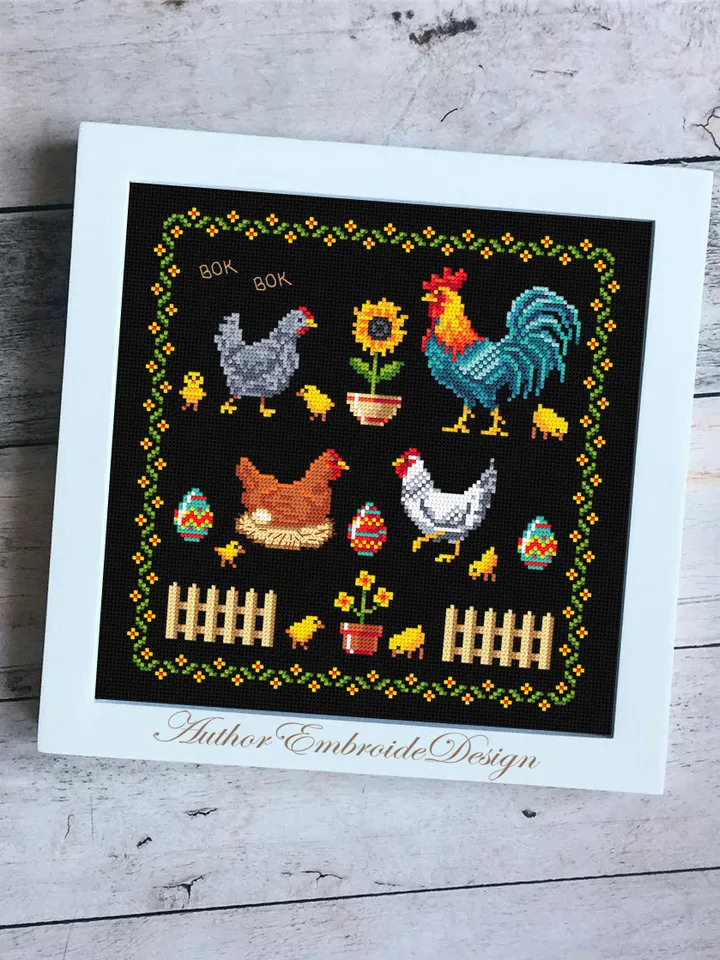 Rooster and Chicken sampler cross stitch pattern PDF download, Easter sampler pattern digital PDF, Farmhouse chicken wall decor #T36
