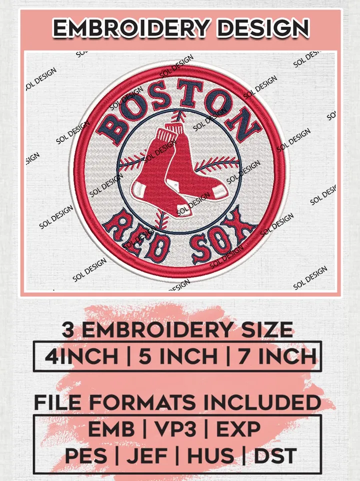 Boston Red Sox Logo Embroidery Design Files, MLB Boston Red Sox Team Embroidery, MLB Teams, 3 sizes, MLB Machine embroidery designs, Digital Download
