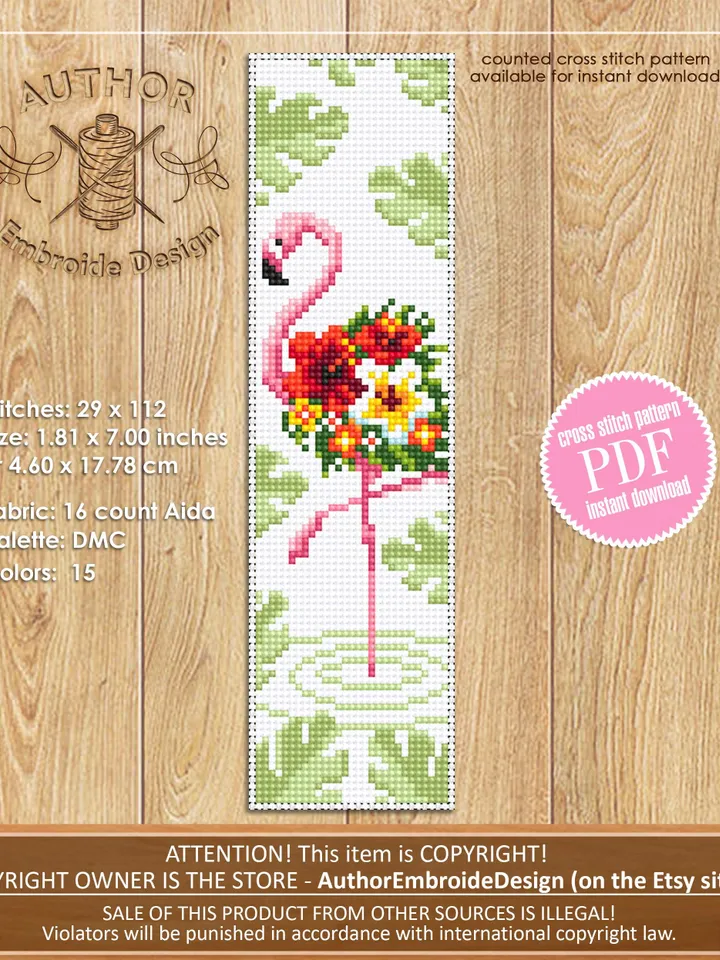 Flamingo bookmark cross stitch pattern PDF download Floral flamingo cross stitch chart, Flower bookmark pattern digital, Monstera leaf #B440