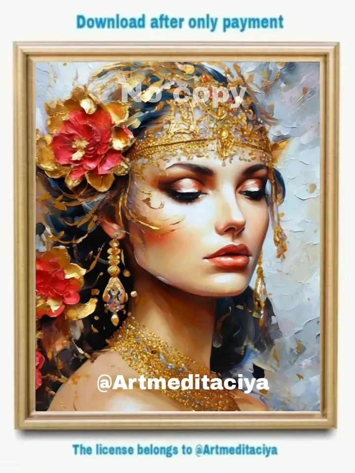 Digital abstract textural modern painting "Slavic brunette in ethnic jewelry made of gold" on an abstract white background, hair decorated with abstract peonies in the style of pasty oil painting with a palette knife