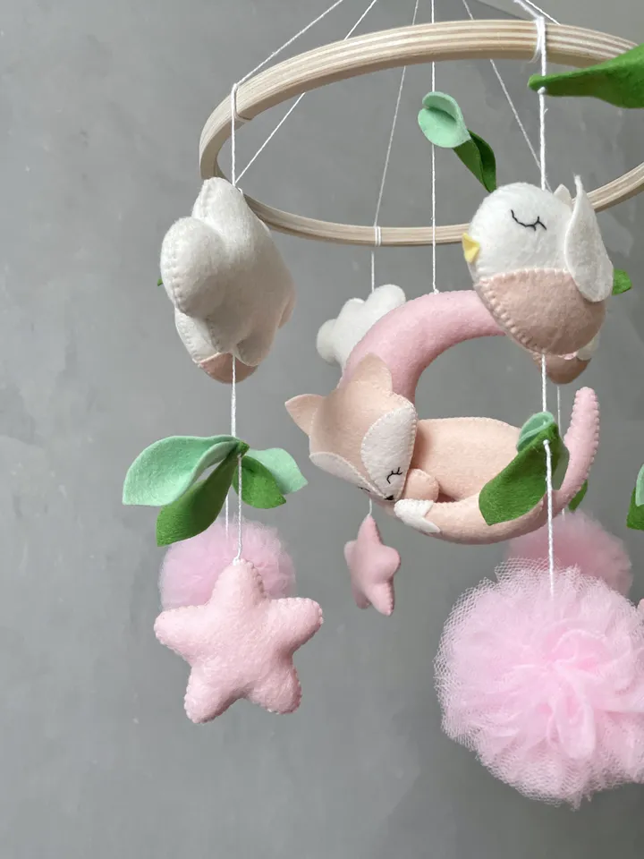 Fox baby mobile girl pink and mint, Woodland crib mobile girl