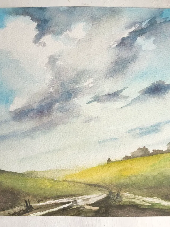 Clouds over the fields landscape original watercolour painting wall art hand painted