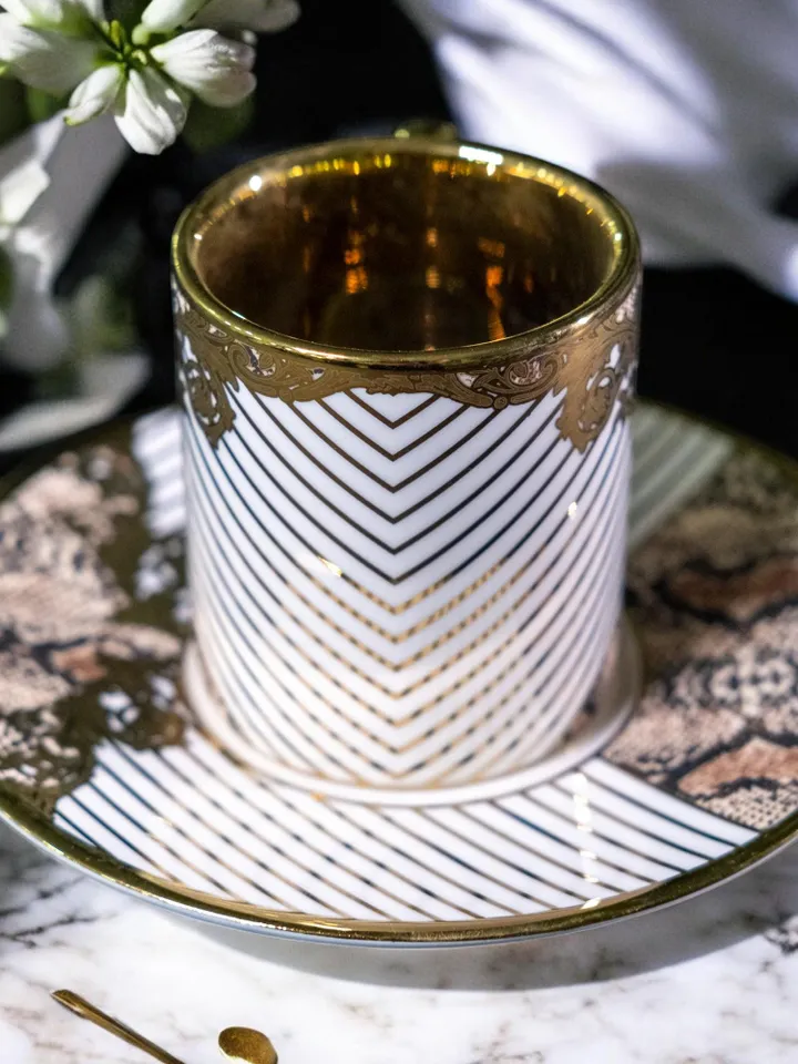 White and Gold Tea Cups and Saucers Set | Elegant White Porcelain Tea Cup Set with Golden Detailing | Elite Design Perfect Gift Idea