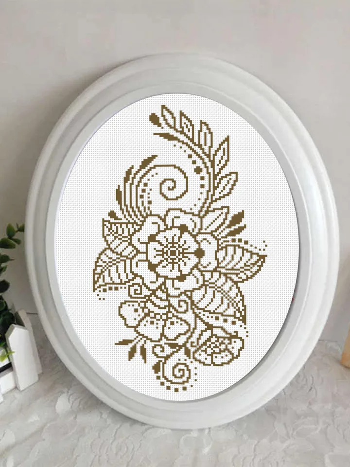 Monochrome floral cross stitch pattern download PDF, Flower mandala cross stitch, Modern beginner stitch, Floral ornament embroidery #M135