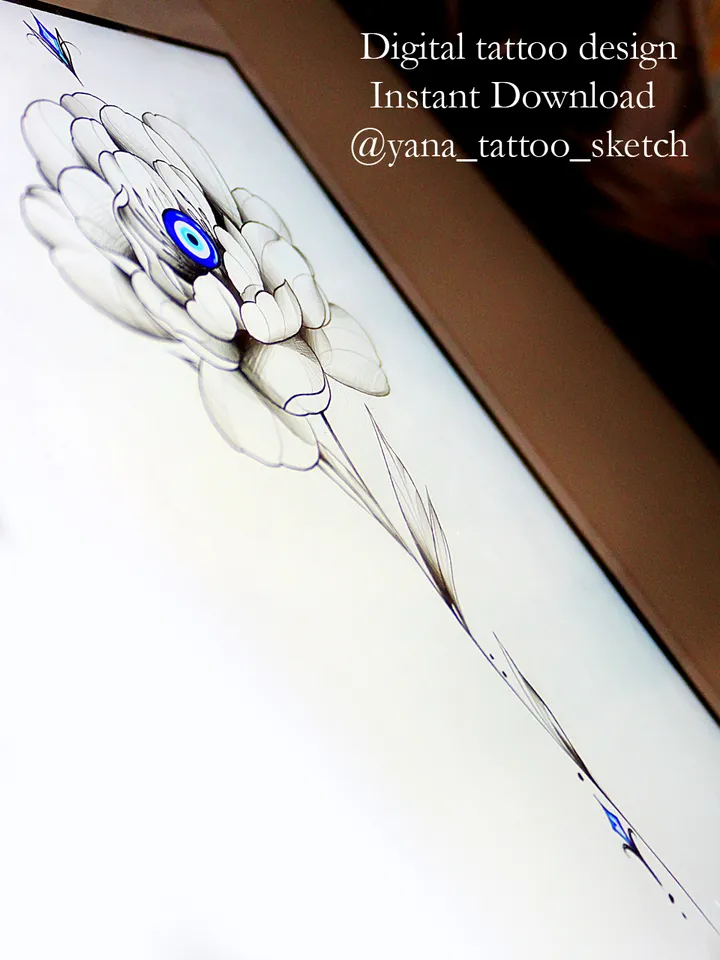 Evil Eye Tattoo Design Flower And Greek Evil Eye Tattoo Idea Stencil Sketch, Instant download PDF, JPG