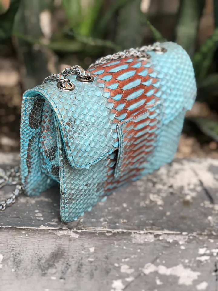 Small Shiny Genuine Python Skin Crossbody Bag | Designer Leather Bag | Evening Chain bag | Exotic Leather Bag | Woman Evening Bag Light Blue