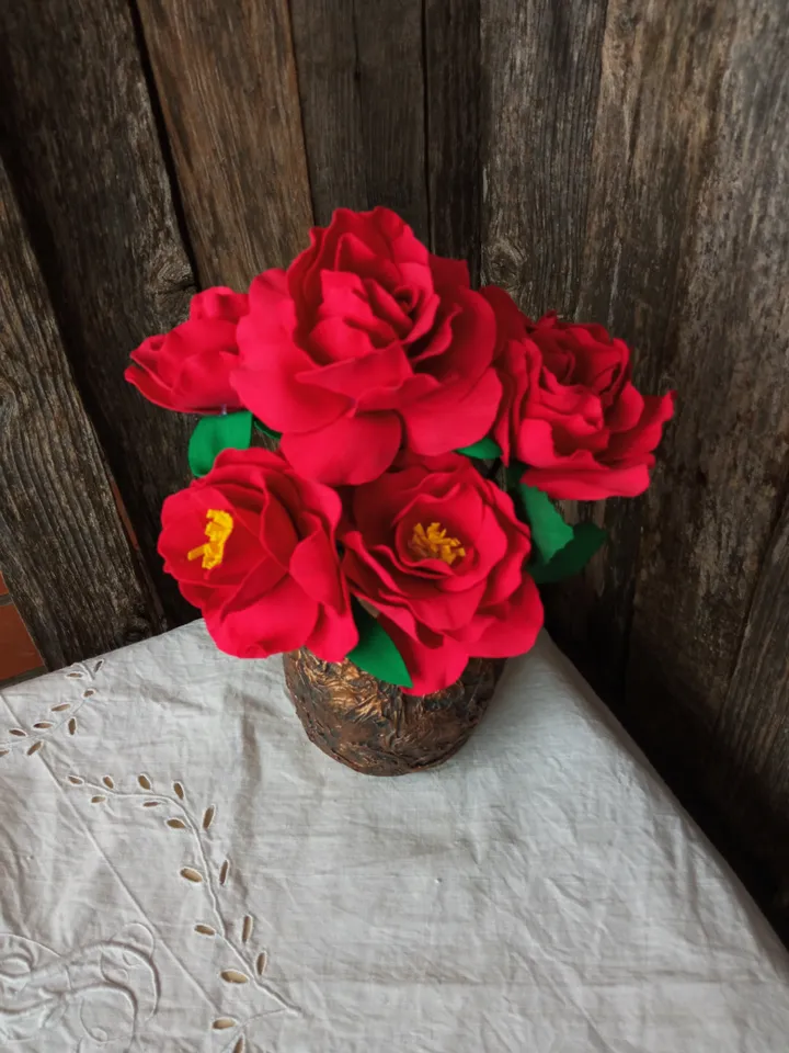 Handmade Red Roses in Paper Mache Vase - Rustic Charm. Home decor indoor Gifts for her