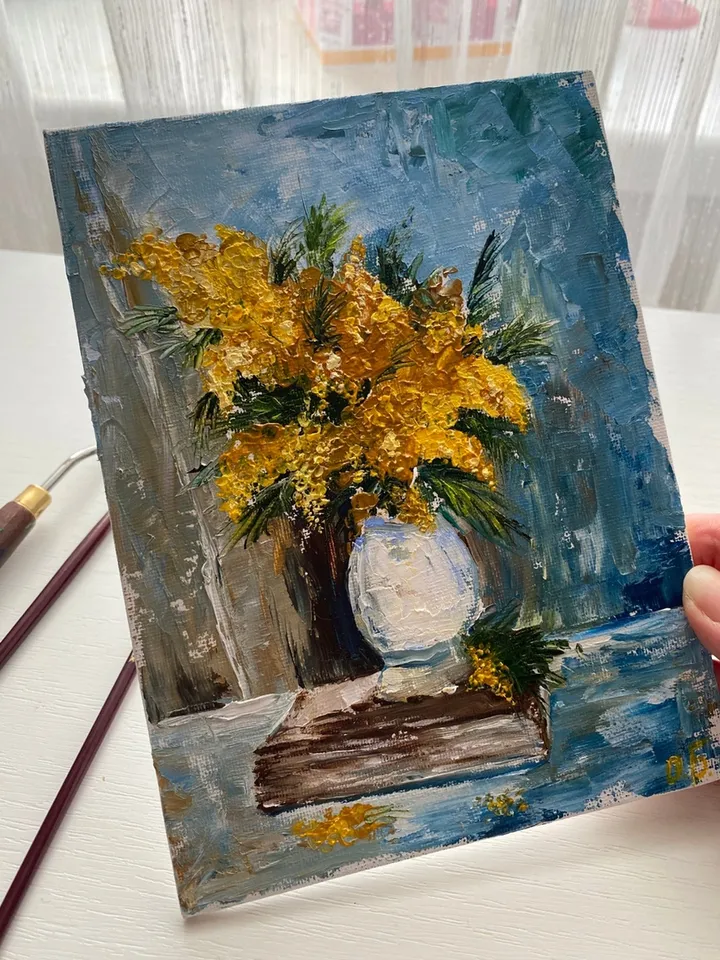 Mimosa. Picturesque still life, oil painting, canvas on cardboard - a unique gift.