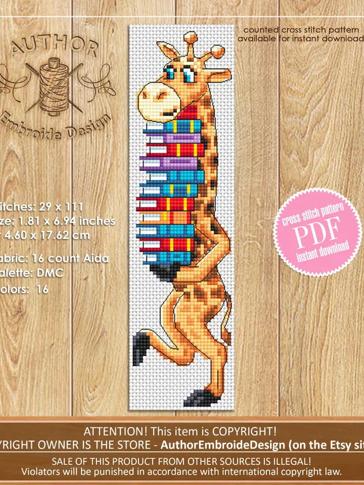 Funny bookmark cross stitch pattern PDF download Giraffe cross stitch chart, Kids bookmark pattern digital PDF, Book accessories #B331