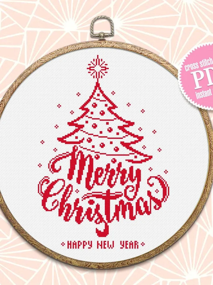 Christmas tree cross stitch pattern download PDF, Merry Christmas pattern digital, Monochrome embroidery beginner, Easy xmas stitch #N74