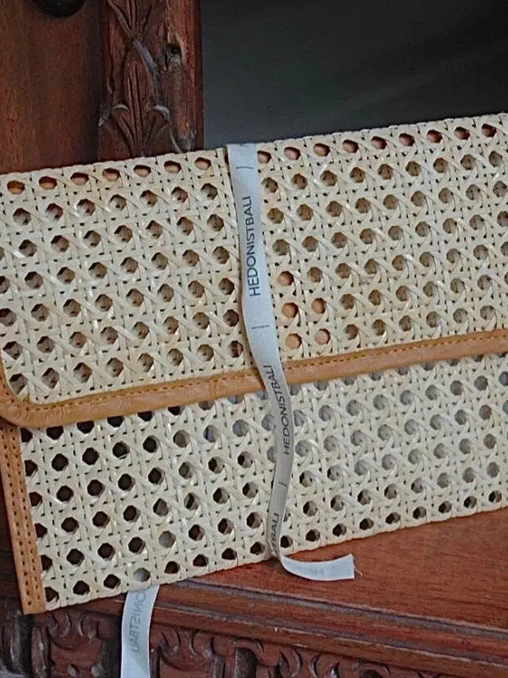Rattan Colonial Style Flat Envelope Clutch | Genuine Rattan Women Purse | Boho Bohemian Coachella Rottang bag | leather handmade bag