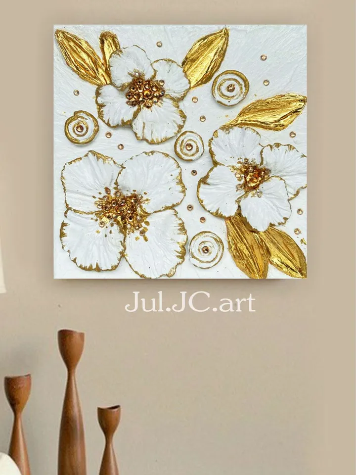 Gold and White Floral artwork with crystals | Poppy Textured painting Flower original art by Juliya JC
