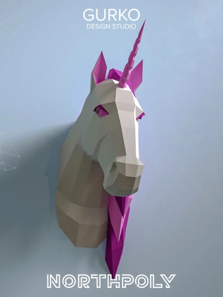 Unicorn Head Papercraft, Digital Template, PDF Download, Gurko, Trophy, 3D Low Poly, Pepakura, DIY Origami, Paper Decor, DIY Gift