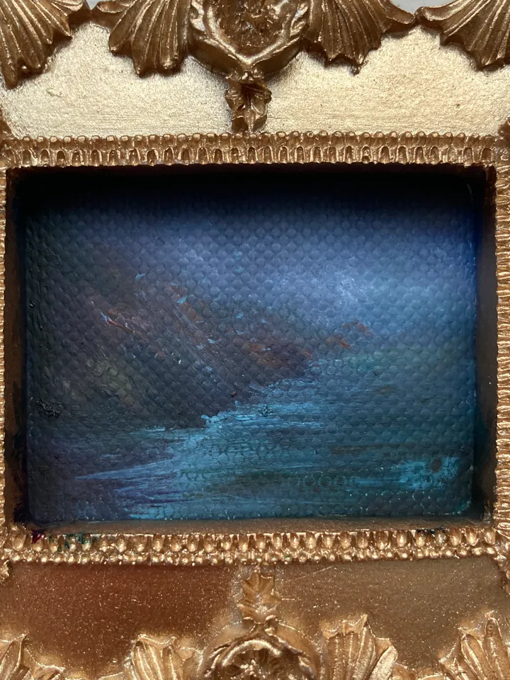 Small Landscape Oil Painting Framed Original Coast Painting Antique Ocean Art Gold Frame Tiny Paintings 3 x 4 Art
