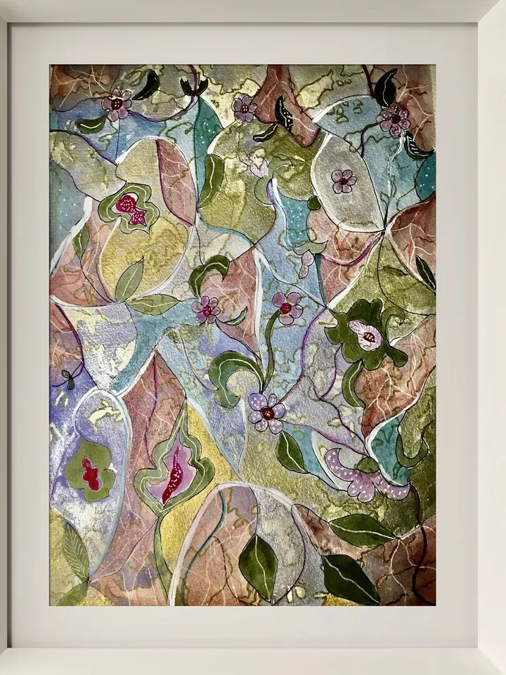 Abstract floral watercolor original artwork, fantasy wall art, pastel and golden colors wall art,one of a kind,wall decoration,gift