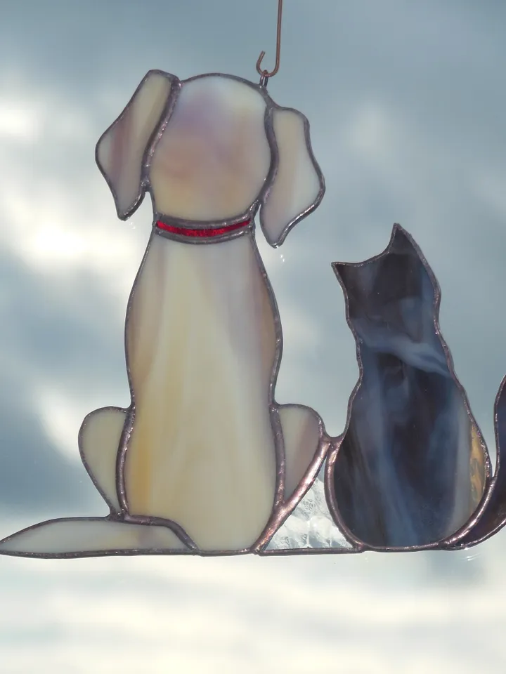 Dog and Cat , Retriever Labrador , Art stained glass hanging . Gift animal lover , pet loss memorial , Golden , black , white , gray , beige