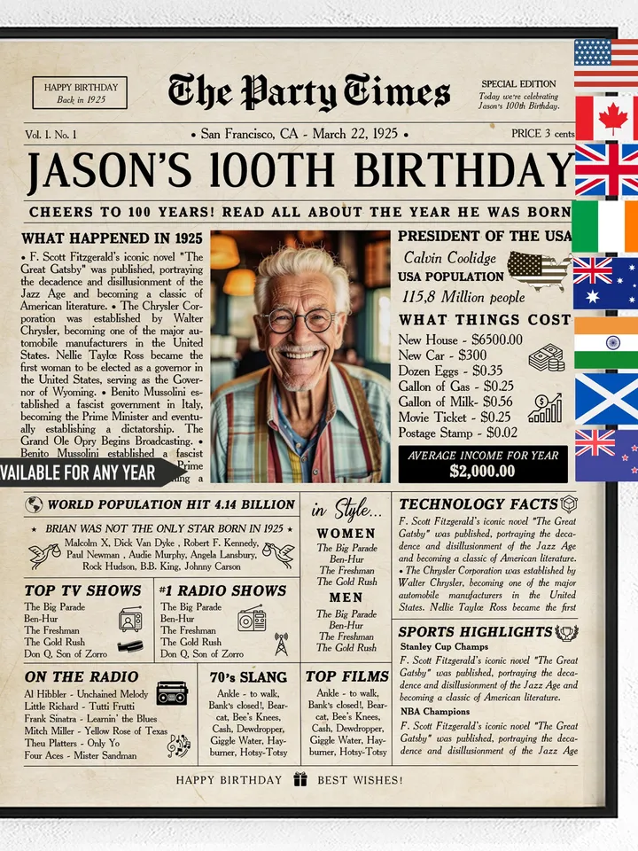 100th birthday newspaper poster for grandma born in 1925 back in 1925 printable sign personalized 100th birthday gift vintage style