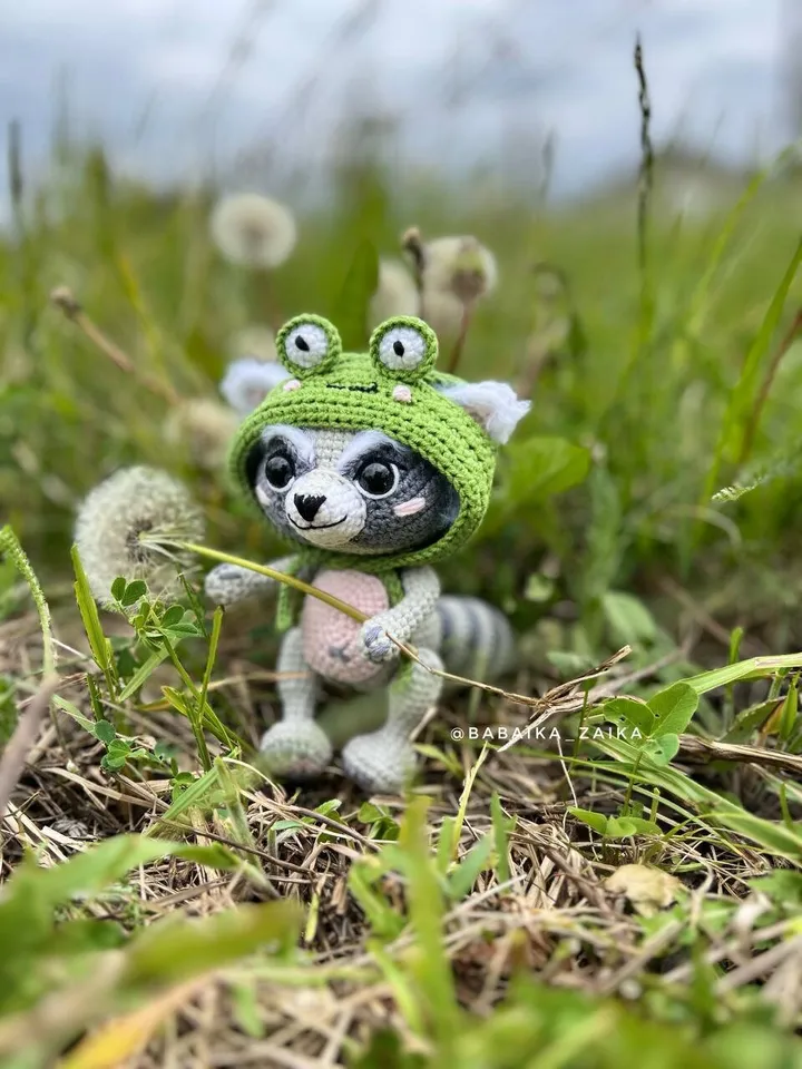PDF Crochet Raccoon in a Frog Hat Pattern, Amigurumi Animal, Crochet Raccoon Pattern, Amigurumi Frog, Crochet Frog, Raccoon Doll Pattern