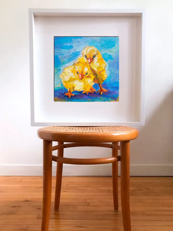 Chick Painting Baby Shower Gift Original Impasto Oil Painting 8x8 Chicken Painting Family Portrait Animal Painting Nursery Decor Bird Art by ArtFromVictoria