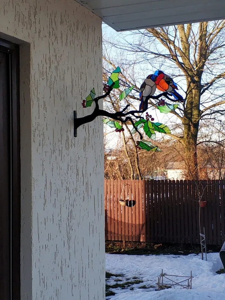 Lovebirds – Bullfinches on a Branch, Lovebirds Stained Glass Panel, Stained Glass Bullfinches on Branch, Romantic Bullfinches in Winter Art, Handcrafted Stained Glass Lovebirds, Winter Birds Stained Glass Decoration, Bullfinches with Berries Stained Glass
