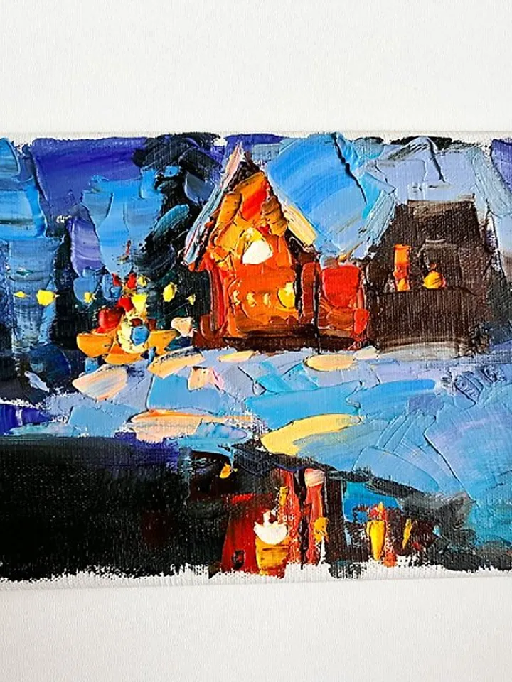 House Painting Original Art forest art Night Landscape Winter