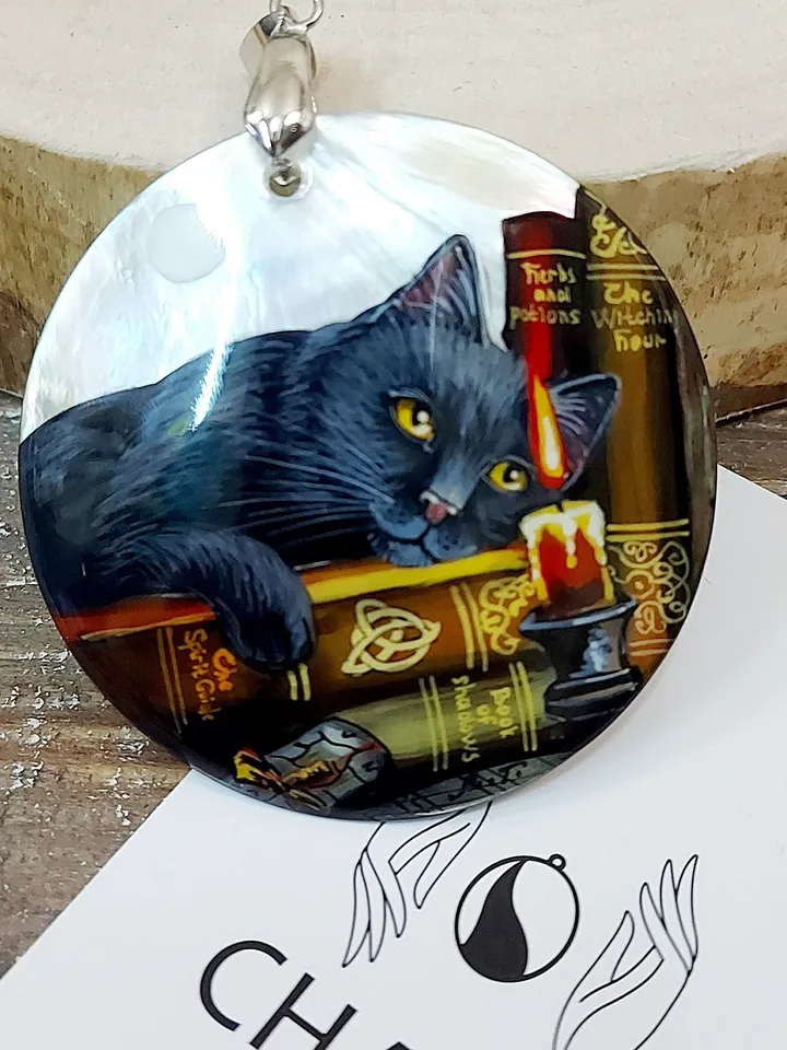 Russian jewelry: The cat in the library. Mother-of-pearl Russian hand painting. Hand-painted necklace pendant. Elegant Fedoskino lacquer art