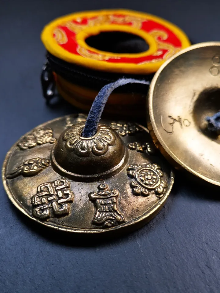 Gandhanra 6.5cm Tibetan Cymbals,Tingsha Bell,Buddhism Ritual Implement,Handmade in Nepal,Astamangal Pattern