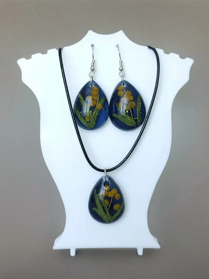 Mimosa flower earrings and pendant set