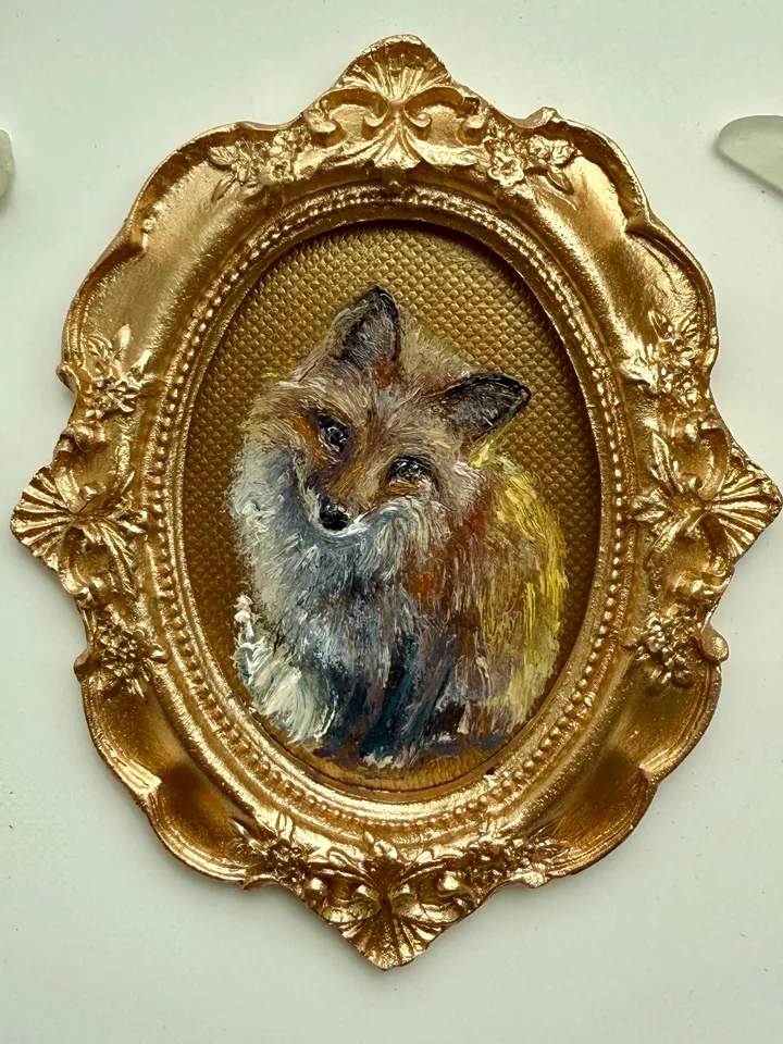Framed Fox Oil Painting Original Wild Animals Art Cute Fox Painting Gold Frame Victorian Painting