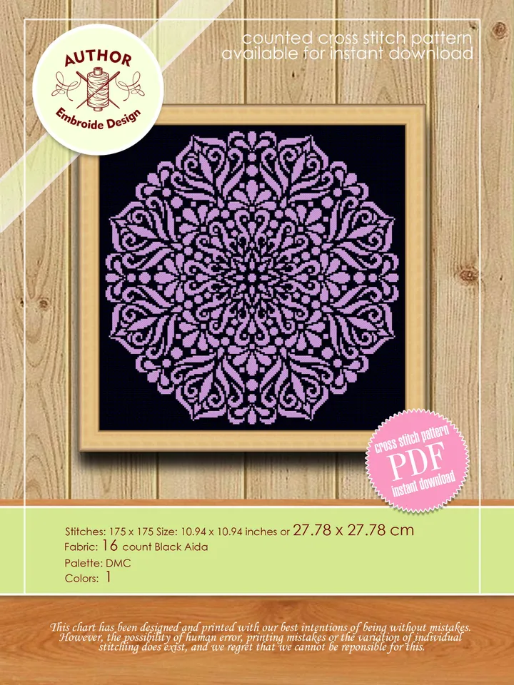 Mandala cross stitch pattern download PDF Monochrome floral ornament cross stitch chart, Simple mandala pattern PDF, DIY Home decor #M132