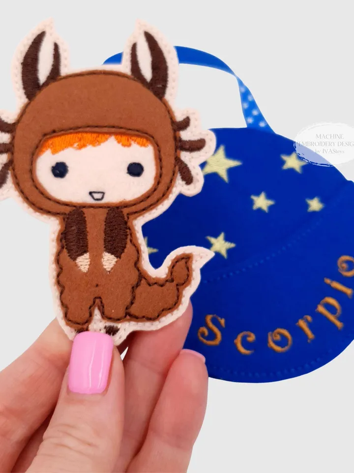 ITH Scorpio Zodiac Finger Puppet & Bag Embroidery Design, Scorpion Star Sign Toy, 4x4 Hoop Christmas Ornament