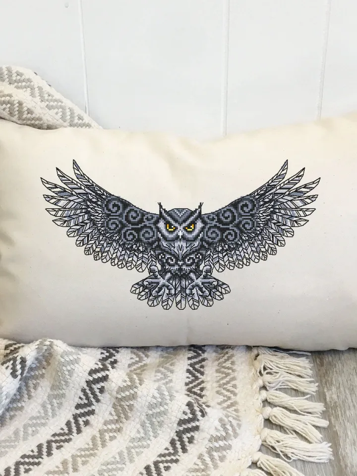 Owl cross stitch pattern download PDF Fantasy bird cross stitch chart, Owl embroidery PDF, Blackwork patterns, Gothic home decor #D9