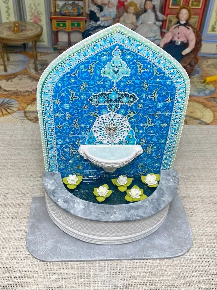 Wall fountain with lotuses. Dollhouse miniature. 1:12.