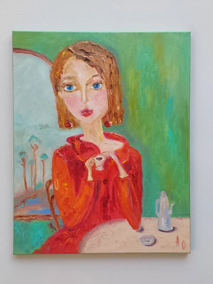 Oil painting on canvas "Portrait of woman in red. Imitating Modigliani" 40x50cm (16x20inch)The painting is sold. A copy is possible.