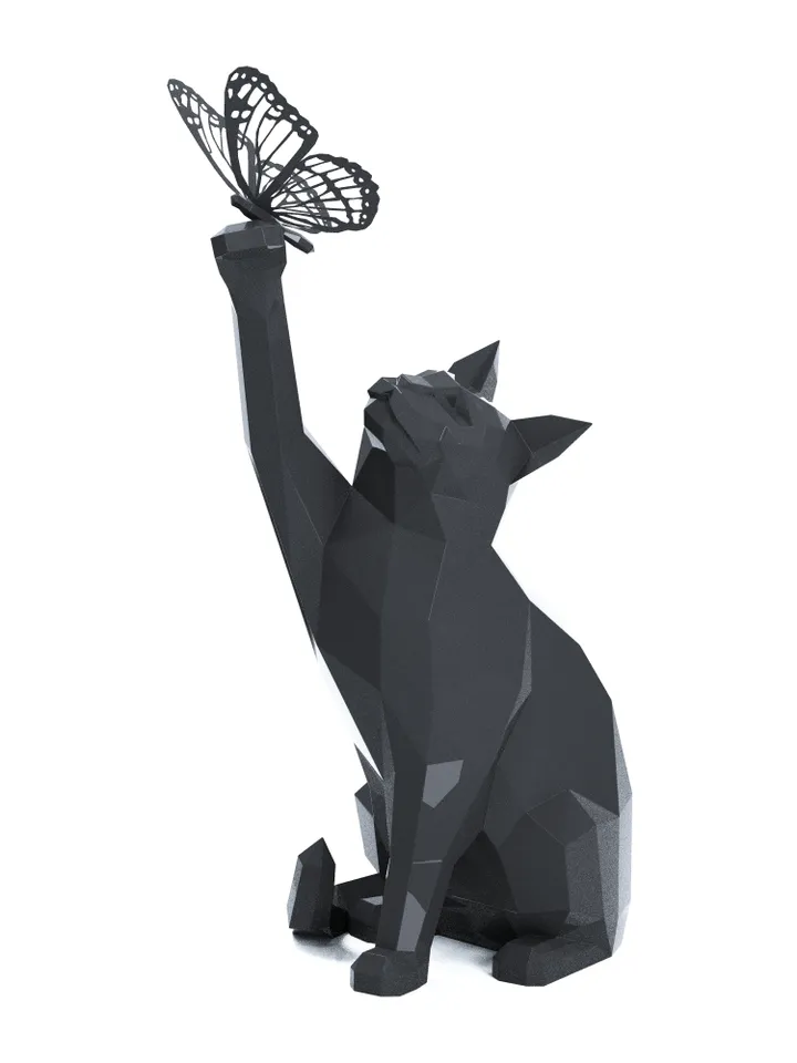 Cat with Butterfly Metal Papercraft, DXF, PDF, Digital Template Download, Gurko, Pepakura, Welding Low Poly 3D Origami, DIY Metal Sculpture