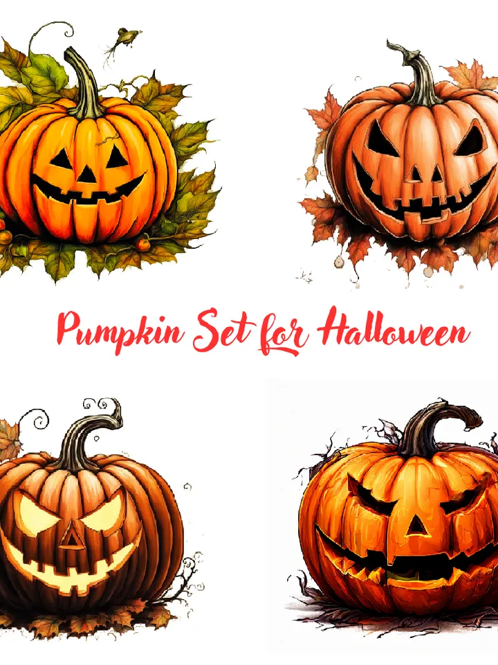 Set of 4 images of Halloween pumpkins on a transparent background